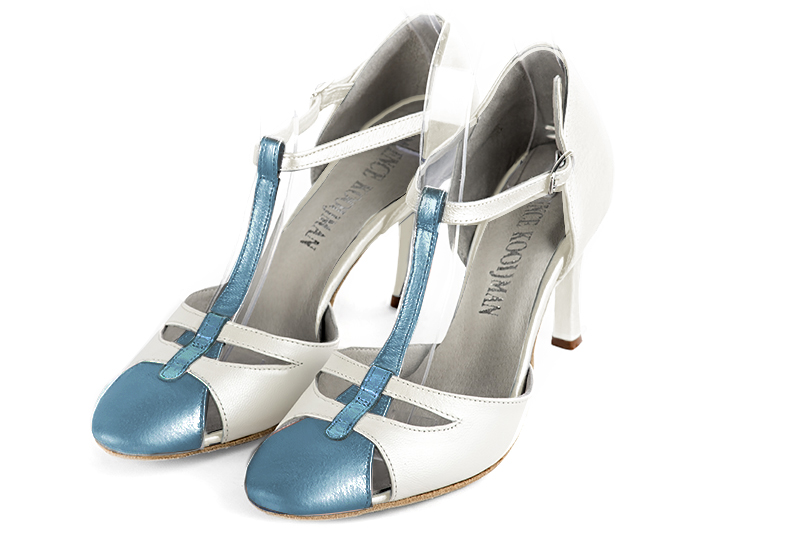 Peacock blue and pure white women's T-strap open side shoes. Round toe. High slim heel. Front view - Florence KOOIJMAN